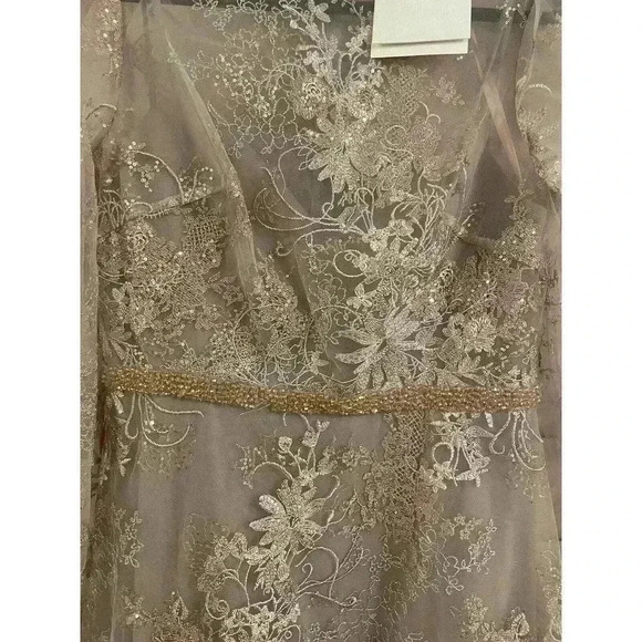 Mac Duggal Midi Dress 10 Beaded Crew Neck Illusion Long Sleeve Pink Rose $598 - Picture 8 of 16